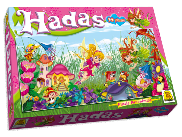 IM210 - 1 puzzle de 90 piezas Hadas  Infantil. IMPLAS Puzzles CAJAX8 ,  Diseño panorámico.Contiene 1 puzzle de 90 piezas Medidas 68.5 x 31 cm Medidas de la caja 34.5 x 22.4 x 4.4 cm