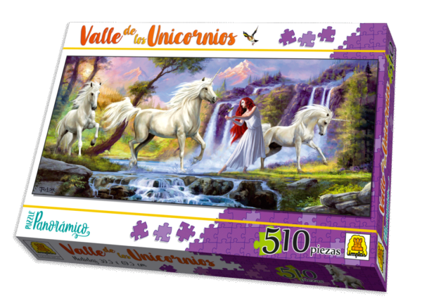 IM273-Valle de unicornios, Contiene 1 puzzle de 510 piezas Medidas del puzzle 30.5 x 69.5 cm Medidas de la caja 34.5 x 22.4 x 4.4 cm  Puzzle de ilustración realista de diseño panorámico. IMPLAS PUZZLE CAJAX8.