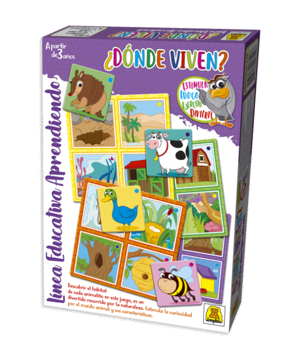 IM329- ¿Dónde viven? Juego de asociación. IMPLAS DIDACTICOS EDUCATIVOS CAJAX12.Edad: a partir de 3 años Participantes: 1 a 4 Medidas de la caja: 27 x 19.5 x 3.5 cm