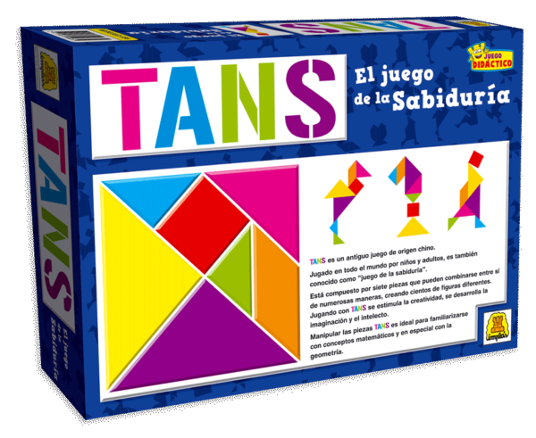 IM336 Tans, Contiene 7 figuras tans y un marco. Participantes: 1 o mas jugadores Edad: a partir de 5 años Medidas de la caja 37.5 x 26 x 7.5 mm Juego de figuras, llamadas tans, que al combinarlas formas otras figuras. IMPLAS TRADICIONAL CAJAX8.