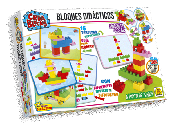 IM148- Bloques Didácticos Cantidad de piezas: 52 Contiene : 1 escena para ambientar tu juego. 12 tarjetas reversibles Edad: A partir de 3 años. Medidas de la caja: 37.5 x 26 x 7.5 cm Juego de bloques de encastre perfecto. Incluye tarjetas que sirven de ayuda en el armado de diferentes figuras, con distintos niveles de dificultad.IMPLAS.