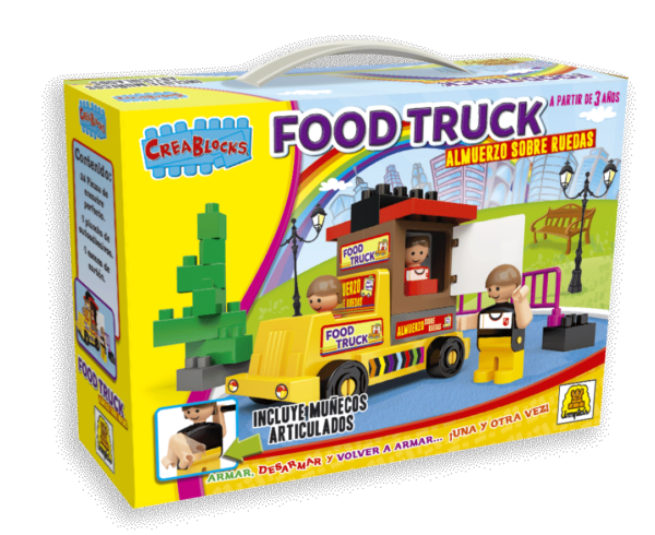 IM159- Food Truck, BLOQUES/CONSTRUCCION, Cantidad de piezas: 26 Contiene una escena para ambientar tu juego. Edad: A partir de 3 años. Medidas de la caja: 18.5 x 25.8 x 7.5 cm Juego de bloques de encastre perfecto.IMPLAS.