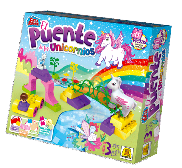 IM145- El Puente de los Unicornios.BLOQUES/CONSTRUCCION. Cantidad de piezas: 41 Contiene una escena para ambientar tu juego. Edad: A partir de 3 años. Medidas de la caja: 37.5x26 x 7.5 cm Juego de bloques de encastre perfecto.IMPLAS.