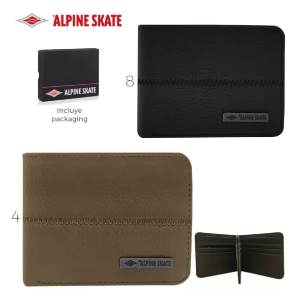 27216 – Billetera Alpine Skate  Info: Incluye packaging Composición: 100% ecocuero Alto: 10 cm Ancho: 11 cm Profundidad: 2 cm