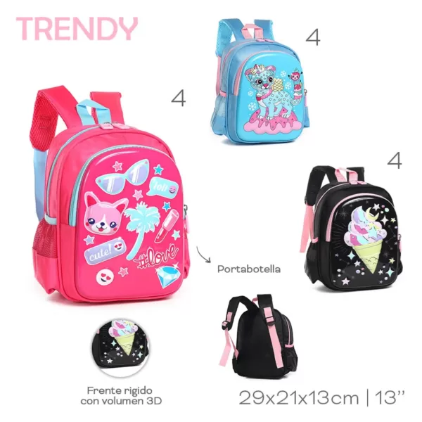 51840 – Mochila Infantil Trendy  Info: portabotella, frente rigido Composición: cordura Alto: 29cm Ancho: 21cm Profundidad: 13cm