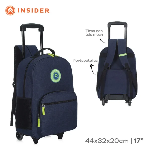 17511 – Mochila Carro Insider (+fotos)  Info: Portabotellas, tiras con tela mesh Composición: cordura jaspeada Alto: 44 cm Ancho: 32 cm Profundidad: 20 cm