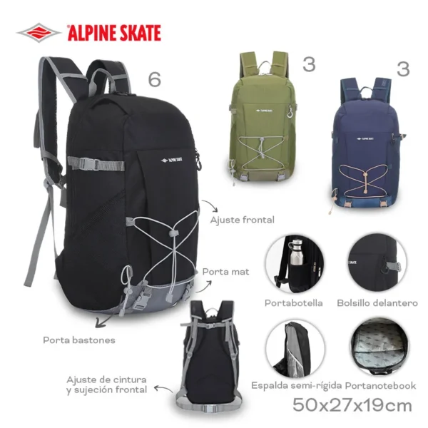 16242 – Mochila Alpine Skate  Info: espalda semi rígida, bolsillos frontales, compartimientos y organizador internos Composición: cordura +nylon Alto: 50cm Ancho: 27cm Profundidad: 19cm