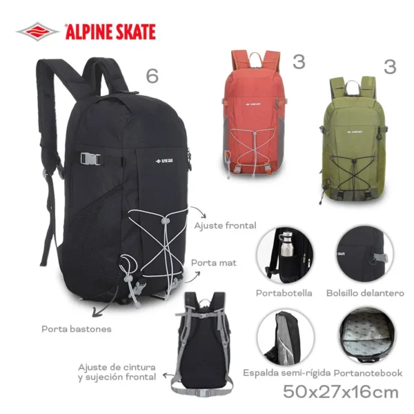 16243 – Mochila Alpine Skate  Info: espalda semi rígida, bolsillos frontales, compartimientos y organizador internos Composición: cordura +nylon Alto: 50cm Ancho: 27cm Profundidad: 19cm
