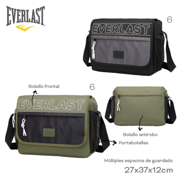 22202 – Morral Carpetero Everlast  Info: Organizadores internos, bolsillos frontales, portabotellas, bolsillo antirobo Composición: cordura Alto: 27 cm Ancho: 37 cm Profundidad: 12 cm