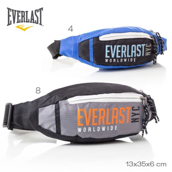 26996 - Riñonera Everlast T2  Info: ajustable, bolsillo frontal Composición: 100% nylon Alto: 14 cm Ancho: 26 cm Profundidad: 6 cm