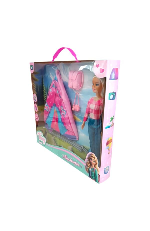 *55864- MUÑECA TINY CAMPING CARPA C/INSTRUCCIONES PARA EL ARMADO + ACCESORIOS 34X5X32.5 +INFO+FOTOS