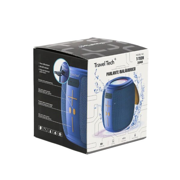 30444- PARLANTE TRAVEL TECH ,CON LUCES 14X11X11 +INFO+FOTOS ,RESISTENTE AL AGUA ,MICRO SD, 10 HORAS DE AUTONOMÍA, TAPA ANTI-SUCIEDAD, CINTA DE AGARRE ,INCLUYE CABLE CARGA, INCLUYE PACKAGING - Imagen 10