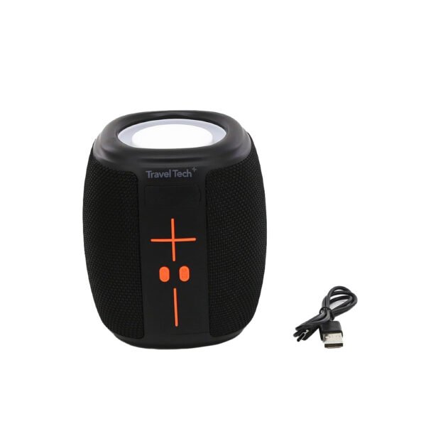 30444- PARLANTE TRAVEL TECH ,CON LUCES 14X11X11 +INFO+FOTOS ,RESISTENTE AL AGUA ,MICRO SD, 10 HORAS DE AUTONOMÍA, TAPA ANTI-SUCIEDAD, CINTA DE AGARRE ,INCLUYE CABLE CARGA, INCLUYE PACKAGING - Imagen 4