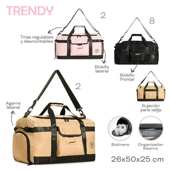 18577 - Bolso Trendy +INFO+FOTOS  Info: Bol frontal, lat, botinero, org int, suj p valij, tir desmnt, manij lat  Composición: Nylon  Alto: 26cm  Ancho: 50cm  Profundidad: 25cm
