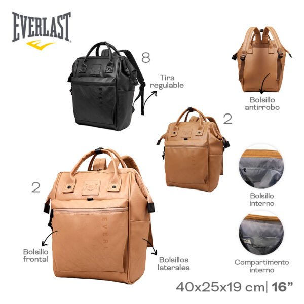 22574 – Mochila BOCA DE PEZ  Everlast SIMIL CUERO , +INFO+FOTOS Info: 16p Bolsillo frontal, lateral, antirrobo, tir regulable, bolsillo y compartimento interno Composición: PU Alto: 40cm Ancho: 25cm Profundidad: 19cm