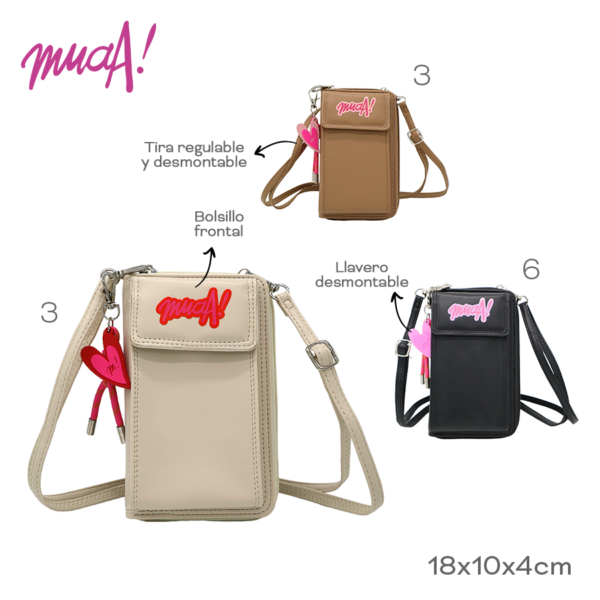 28739 -morral Phone Bag Muaa , +info+fotos Info: Tira regulable y desmontable, bolsillo frontal, llavero desmontable Composición: PU Alto: 18cm Ancho: 10cm Profundidad: 4cm