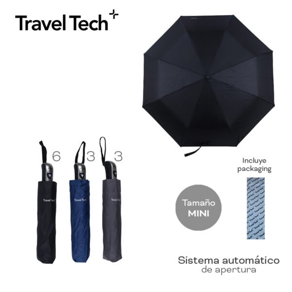 28867 - Paraguas Travel Tech +info+fotos Info: Tamaño mini, sistema automático de apertura, incluye packaging Composición: Nylon Alto: 97 cm