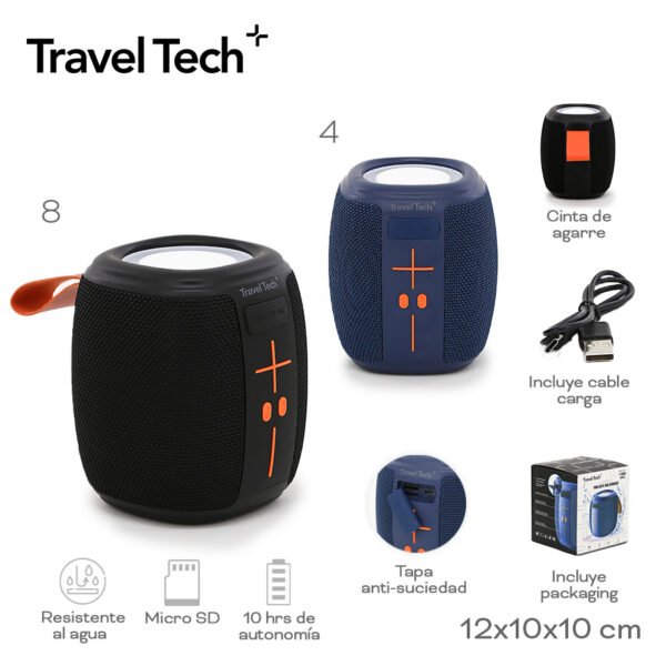30444- PARLANTE TRAVEL TECH ,CON LUCES 14X11X11 +INFO+FOTOS ,RESISTENTE AL AGUA ,MICRO SD, 10 HORAS DE AUTONOMÍA, TAPA ANTI-SUCIEDAD, CINTA DE AGARRE ,INCLUYE CABLE CARGA, INCLUYE PACKAGING
