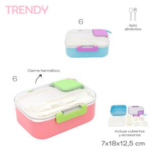 30428 - Lunchera Trendy Info: Cierre hermético, incluye cubiertos y accesorios  Composición: Plastico  Alto: 7cm  Ancho: 18cm  Profundidad: 12,5cm +INFO+FOTOS