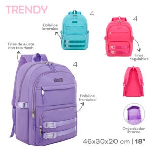 18529 - Mochila Trendy   Info: 18p Bolsillos front, lat, tir reg, tir de ajus c mesh, org int  Composición: Nylon  Alto: 46cm  Ancho: 30cm  Profundidad: 20cm +INFO+FOTOS