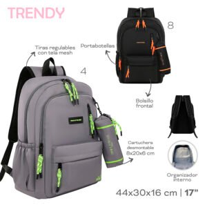 18585 - Mochila C/Cartu Trendy   Info: 17p Bols fronts, lat, org int, tir c mesh, cartuchera desmnt  Composición: Nylon  Alto: 44cm  Ancho: 30cm  Profundidad: 16cm +INFO+FOTOS