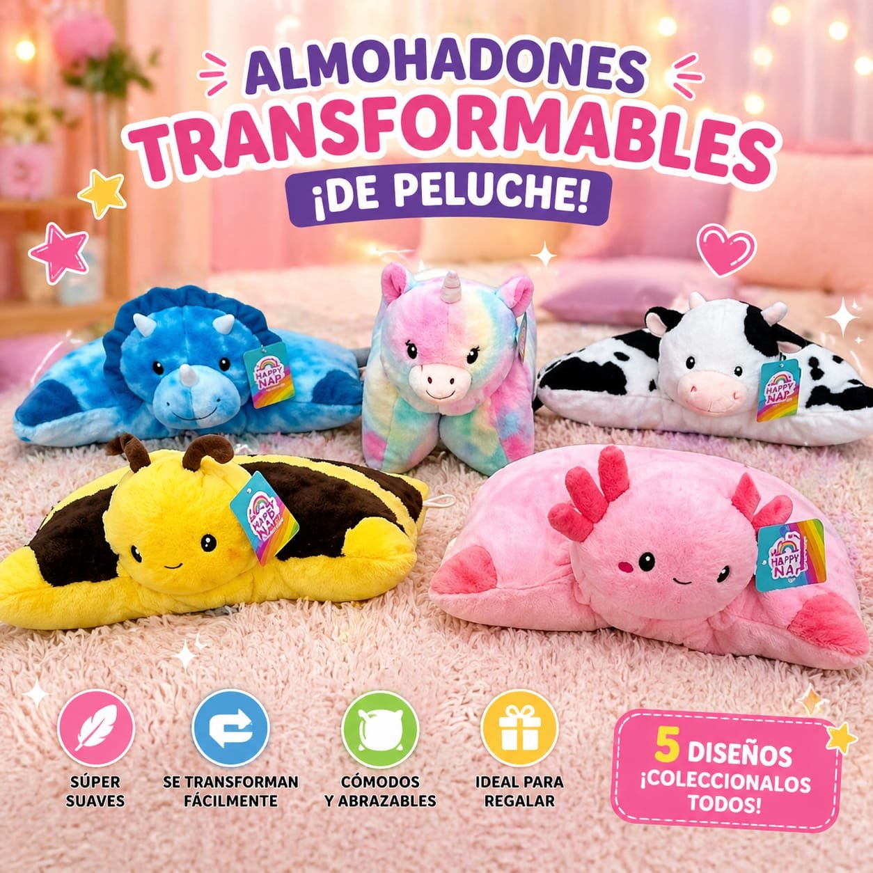 614576 -ALMOHADON ANIMALES CONVERTIBLE CON VELCRO 18"=46CM PELUCHE VARIOS MOD +INFO+FOTOS - Imagen 2