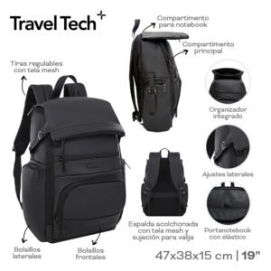 30369-	Mochila Portanotebook Travel Tech	47 cm	38 cm	15 cm	Cordura jaspeada	19P, tiras reg c mesh, ajuste lat, bol lat y front, esp acolch mesh, suj val, portanote c elastico MARROQUINERIA +INFO+FOTOS