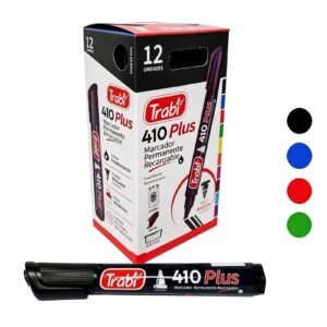 -410- MARCADOR TRABI PLUS PERMANENTE RECARGABLE PUNTA BISELADA CAJA X12 PRECIO X UNIDAD $1,00, 4 COLORES HACE CLIC EN "SELECCIONAR OPCIONES" PARA ELEGIR TU COLOR