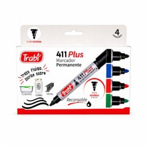 -411x4- MARCADOR TRABI PLUS PERMANENTE RECARGABLE PUNTA REDONDA CAJA X4 SURTIDOS