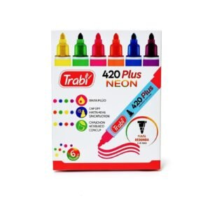 -420X6N- MARCADOR TRABI PLUS AL AGUA PUNTA REDONDA CAJA X6 NEON COLORES  SURTIDOS