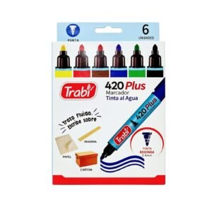 -420X6C- MARCADOR TRABI PLUS AL AGUA PUNTA REDONDA CAJA X6 CLASICOS COLORES  SURTIDOS