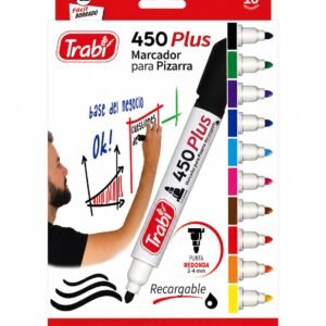 -450X10- MARCADOR TRABI X10 PLUS PIZARRA RECARGABLE PUNTA REDONDA CAJA X10 COLORES