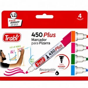 -450X4F- MARCADOR TRABI X4 PLUS PIZARRA RECARGABLE PUNTA REDONDA CAJA X4 COLORES FANTASIA