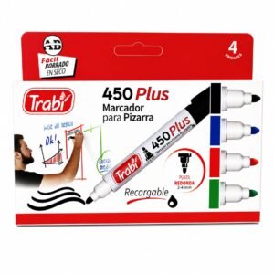 -450X4C- MARCADOR TRABI X4 PLUS PIZARRA RECARGABLE PUNTA REDONDA CAJA X4 CLASICOS COLORES