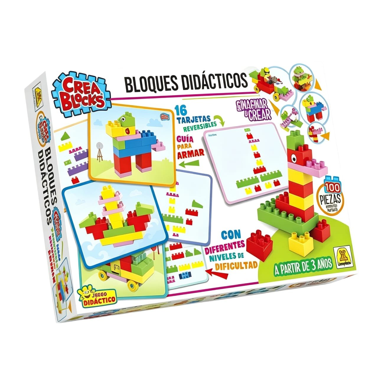 IM148- Bloques Didácticos Cantidad de piezas: 52 Contiene : 1 escena para ambientar tu juego. 12 tarjetas reversibles Edad: A partir de 3 años. Medidas de la caja: 37.5 x 26 x 7.5 cm Juego de bloques de encastre perfecto. Incluye tarjetas que sirven de ayuda en el armado de diferentes figuras, con distintos niveles de dificultad.IMPLAS.